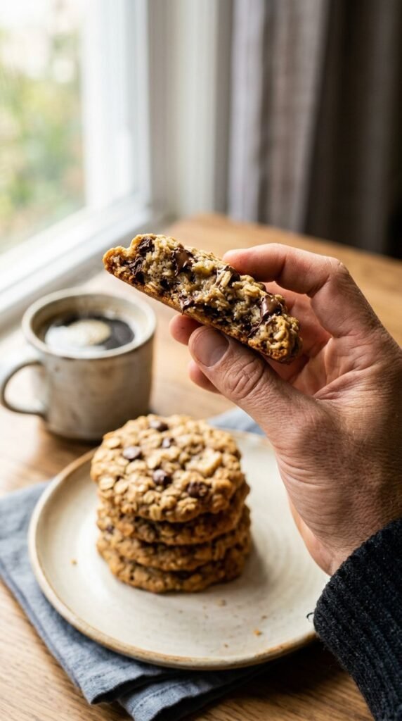 male hand holding healthy banana oatmeal cookie chewy interior