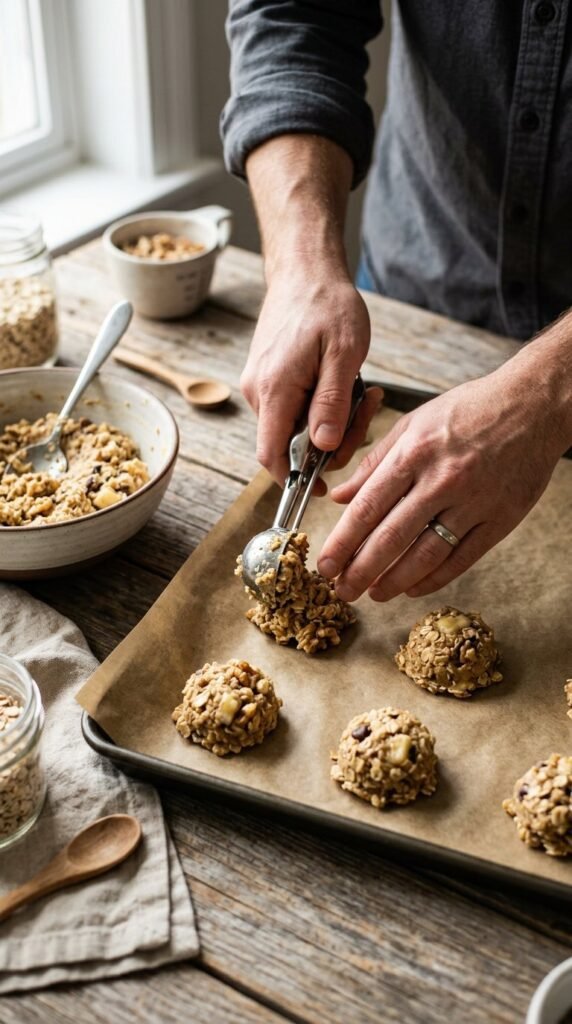 male hands scooping banana oatmeal cookies onto baking sheet