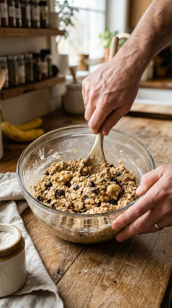 male hands mixing healthy banana oatmeal cookie dough