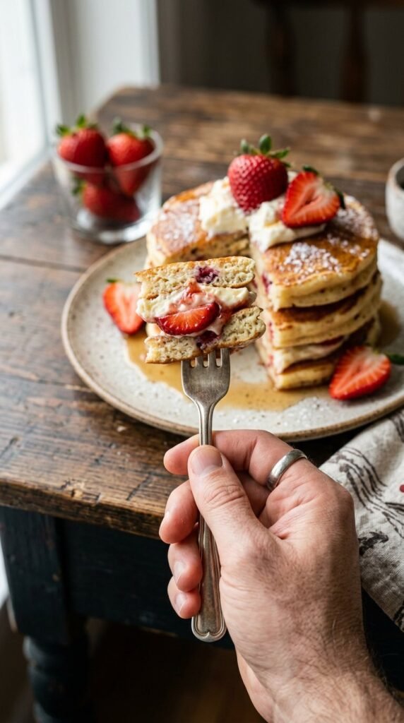 Fluffy Strawberry Cheesecake Pancakes