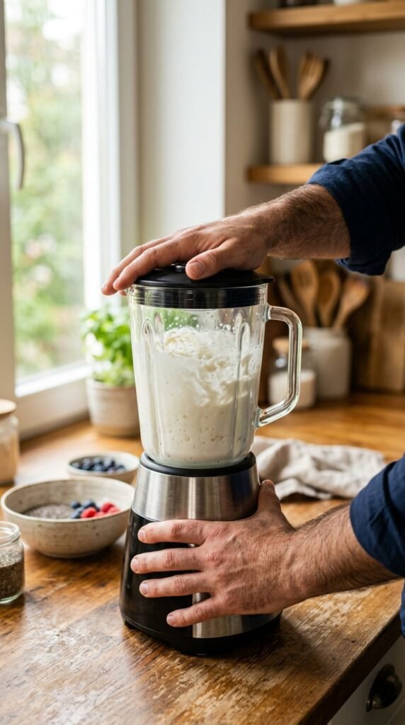 Blender & Jars That is the gear: Blender or stick blender - curds have to go. A food processor works. A fork does not. 2 jars or glasses with lids - 8–12 oz Spatula - the good pudding always hides under the blender blade Spoon - for the 10-minute stir No stove. If your blender is tiny, blend the cottage cheese and a splash of milk first, then the rest.